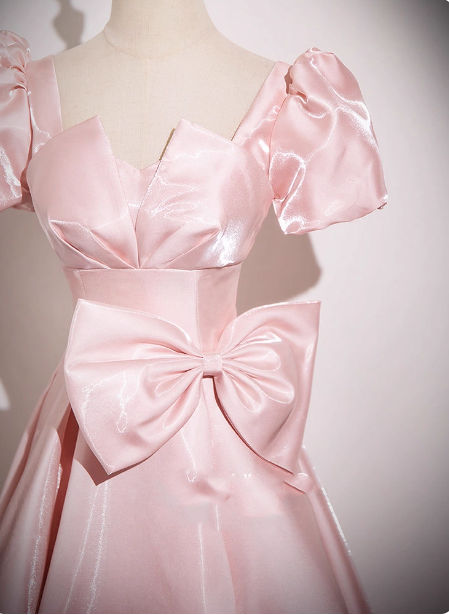 Sweet Princess Pink A-Line Short Sleeve Bow Satin Long Classy Prom Dress