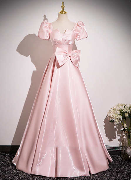 Sweet Princess Pink A-Line Short Sleeve Bow Satin Long Classy Prom Dress