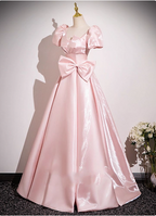 Sweet Princess Pink A-Line Short Sleeve Bow Satin Long Classy Prom Dress