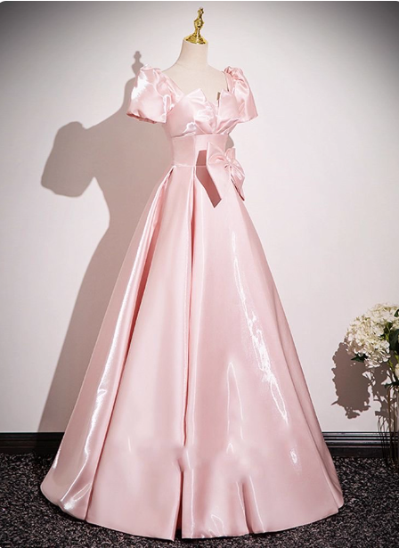 Sweet Princess Pink A-Line Short Sleeve Bow Satin Long Classy Prom Dress Main image