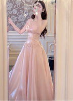 Sweet Princess Pink A-Line Spaghetti Strap Satin Long Classy Prom Dress
