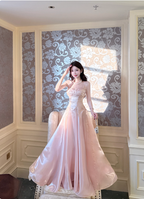 Sweet Princess Pink A-Line Spaghetti Strap Satin Long Classy Prom Dress