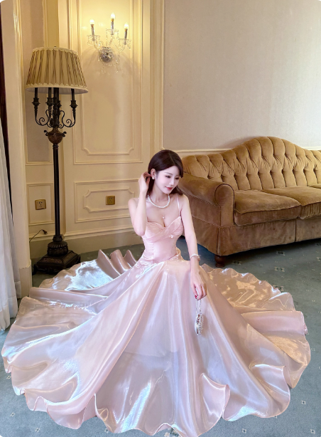 Sweet Princess Pink A-Line Spaghetti Strap Satin Long Classy Prom Dress