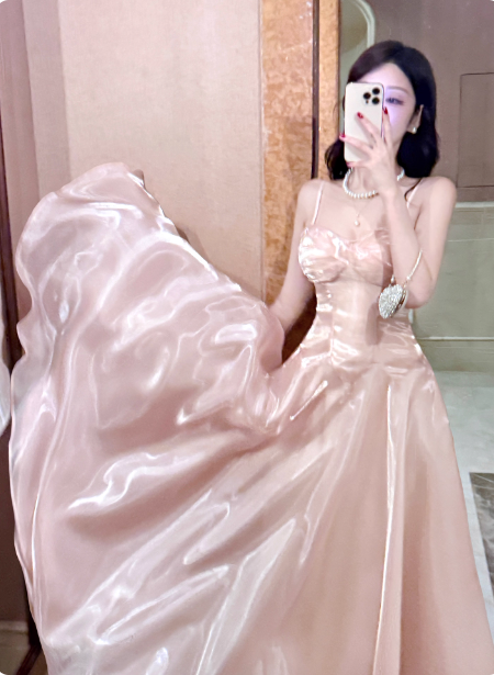 Sweet Princess Pink A-Line Spaghetti Strap Satin Long Classy Prom Dress Main image