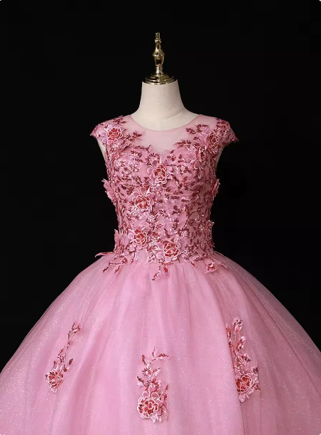 Sweet Princess Pink Crew Neck Embroidered Tulle Long Classy Prom Dress Secondary image