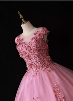 Sweet Princess Pink Crew Neck Embroidered Tulle Long Classy Prom Dress