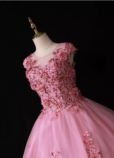 Sweet Princess Pink Crew Neck Embroidered Tulle Long Classy Prom Dress