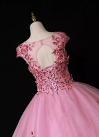 Sweet Princess Pink Crew Neck Embroidered Tulle Long Classy Prom Dress