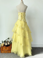 Sweet Princess Yellow A-Line Strapless Beaded Embroidered Tulle Long Classy Prom Dress