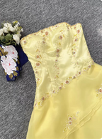 Sweet Princess Yellow A-Line Strapless Beaded Embroidered Tulle Long Classy Prom Dress