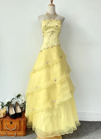 Sweet Princess Yellow A-Line Strapless Beaded Embroidered Tulle Long Classy Prom Dress