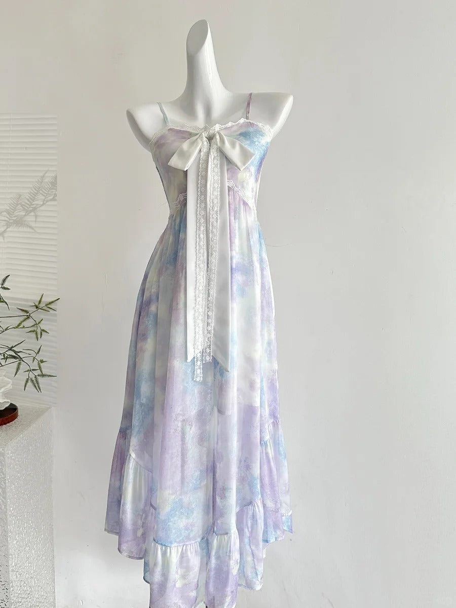 Sweet Purple And Blue Gradient A-Line Suspender Bow Chiffon Long Classy Prom Dress Secondary image