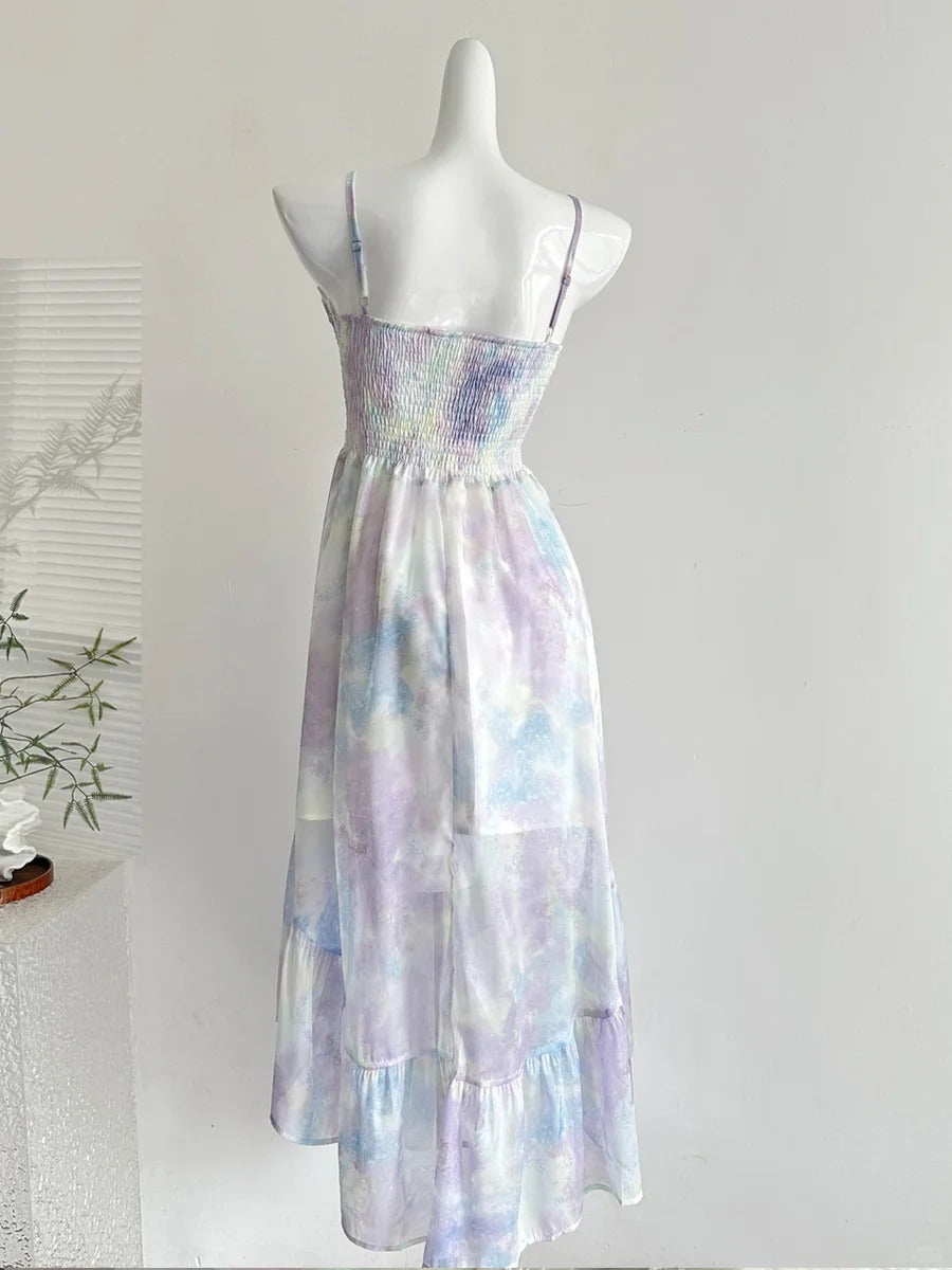 Sweet Purple And Blue Gradient A-Line Suspender Bow Chiffon Long Classy Prom Dress