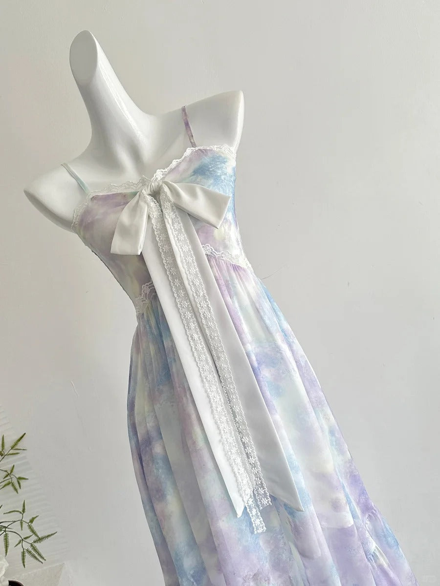 Sweet Purple And Blue Gradient A-Line Suspender Bow Chiffon Long Classy Prom Dress