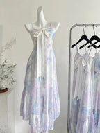 Sweet Purple And Blue Gradient A-Line Suspender Bow Chiffon Long Classy Prom Dress