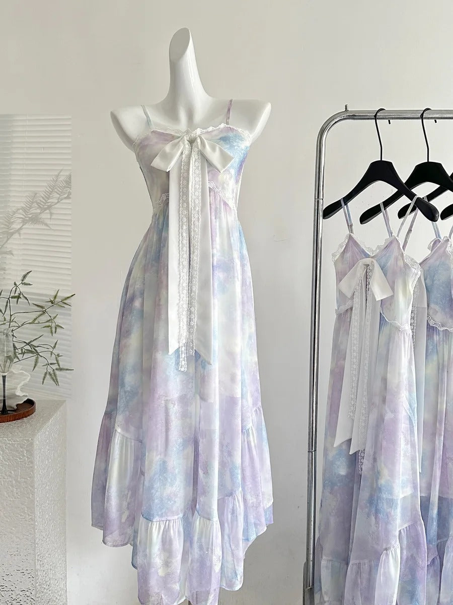 Sweet Purple And Blue Gradient A-Line Suspender Bow Chiffon Long Classy Prom Dress