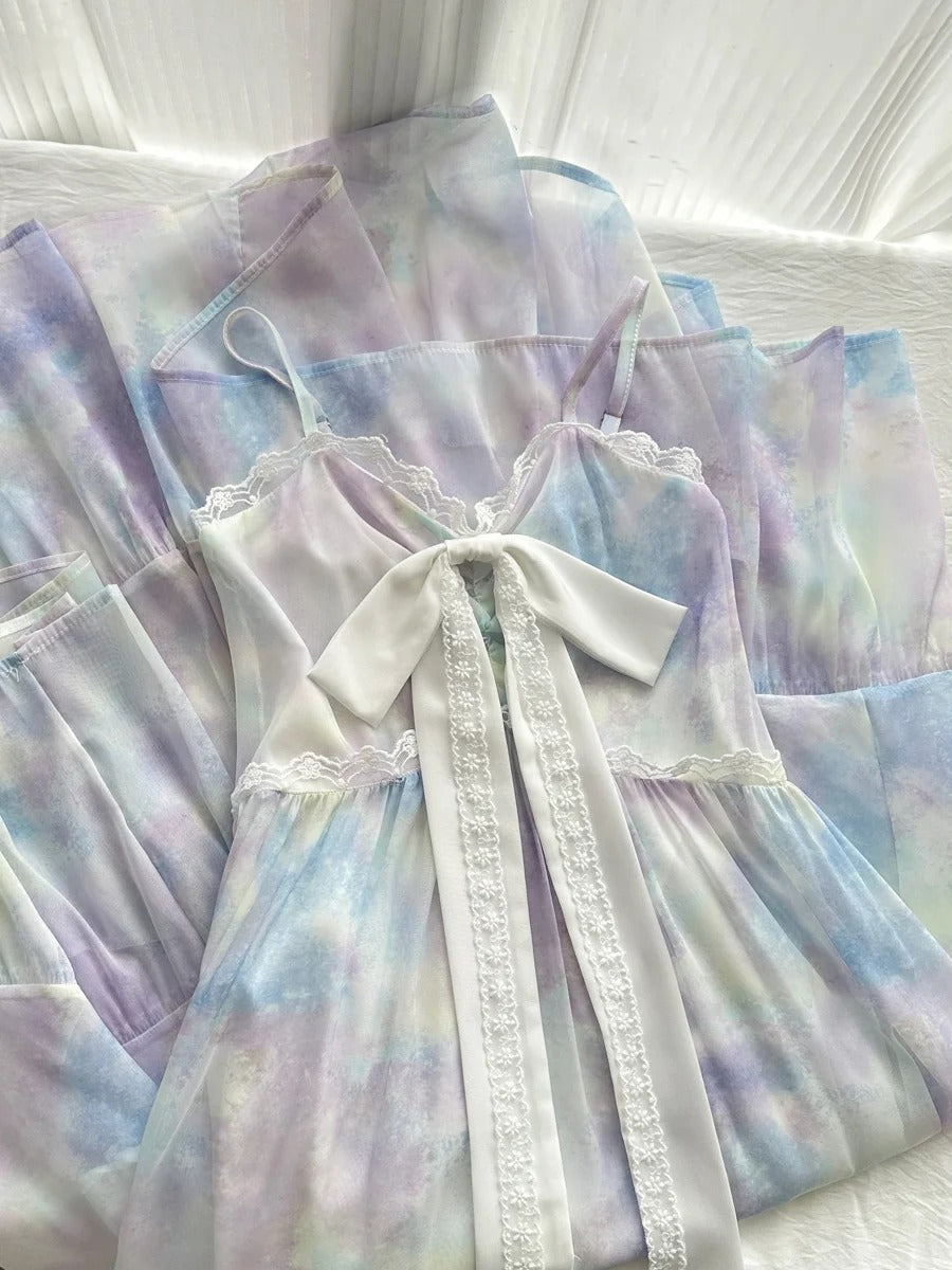 Sweet Purple And Blue Gradient A-Line Suspender Bow Chiffon Long Classy Prom Dress