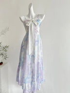 Sweet Purple And Blue Gradient A-Line Suspender Bow Chiffon Long Classy Prom Dress