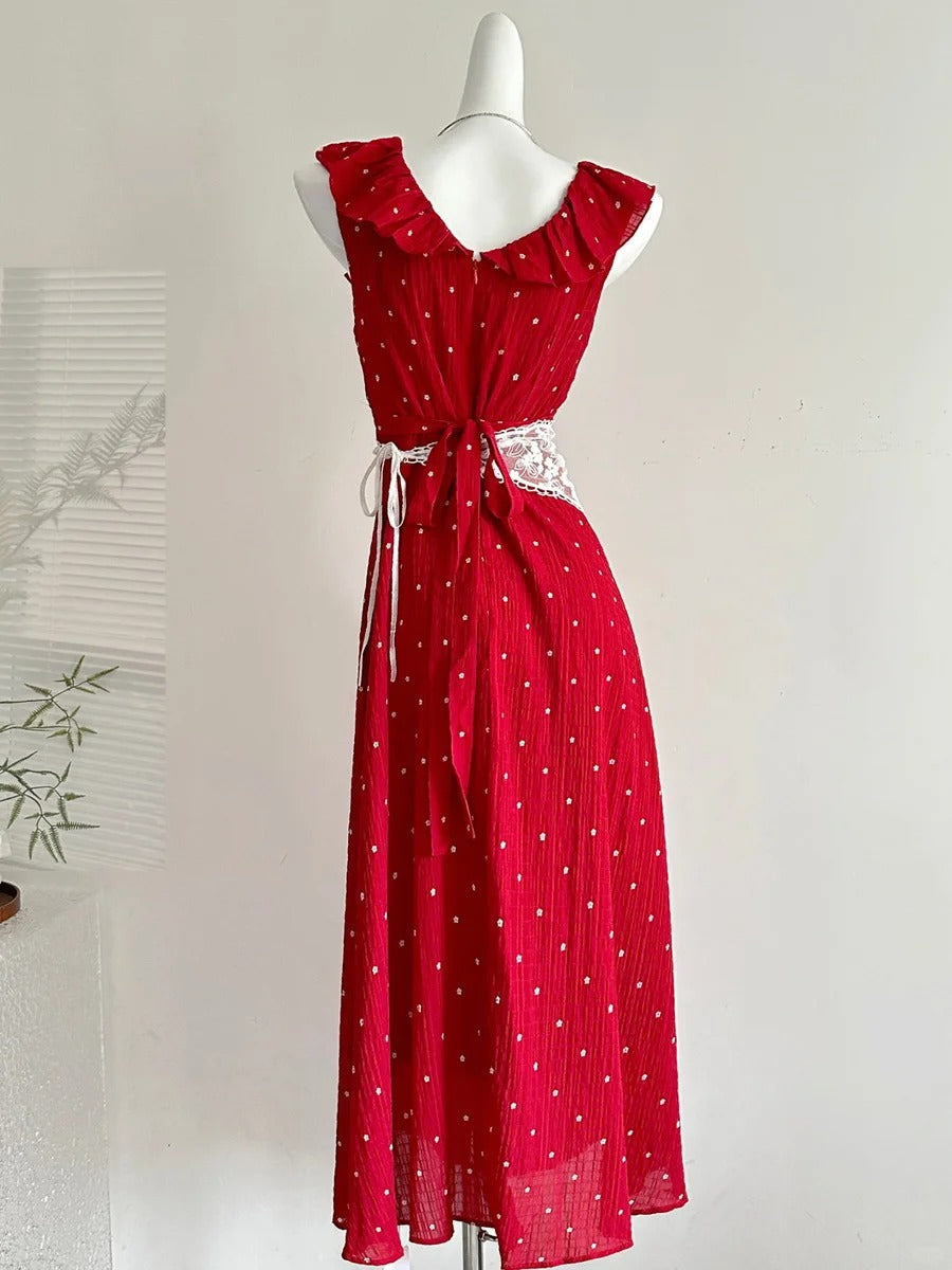 Sweet Red And White Polka Dot A-Line Ruffle Waist Long Classy Prom Dress 17Th Birthday Dress