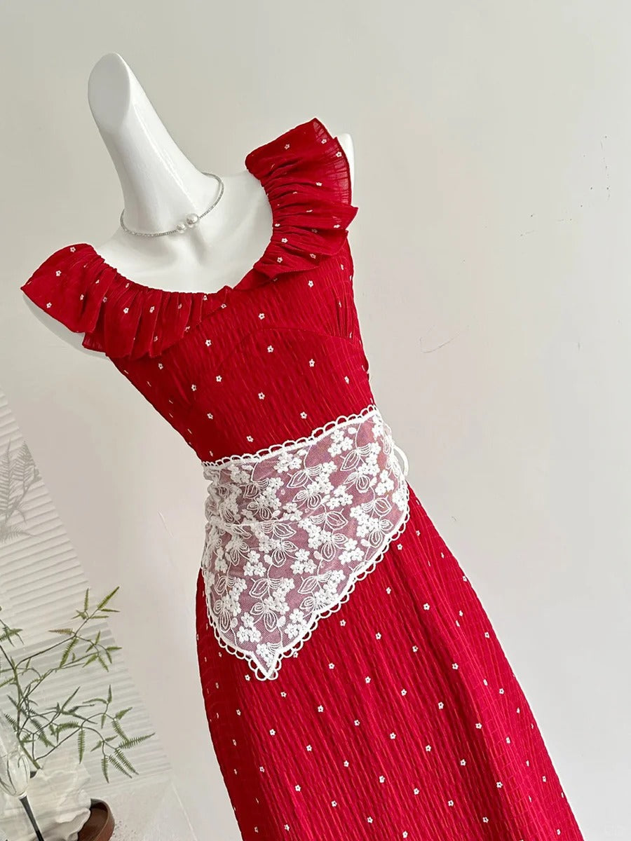 Sweet Red And White Polka Dot A-Line Ruffle Waist Long Classy Prom Dress 17Th Birthday Dress