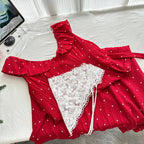 Sweet Red And White Polka Dot A-Line Ruffle Waist Long Classy Prom Dress 17Th Birthday Dress