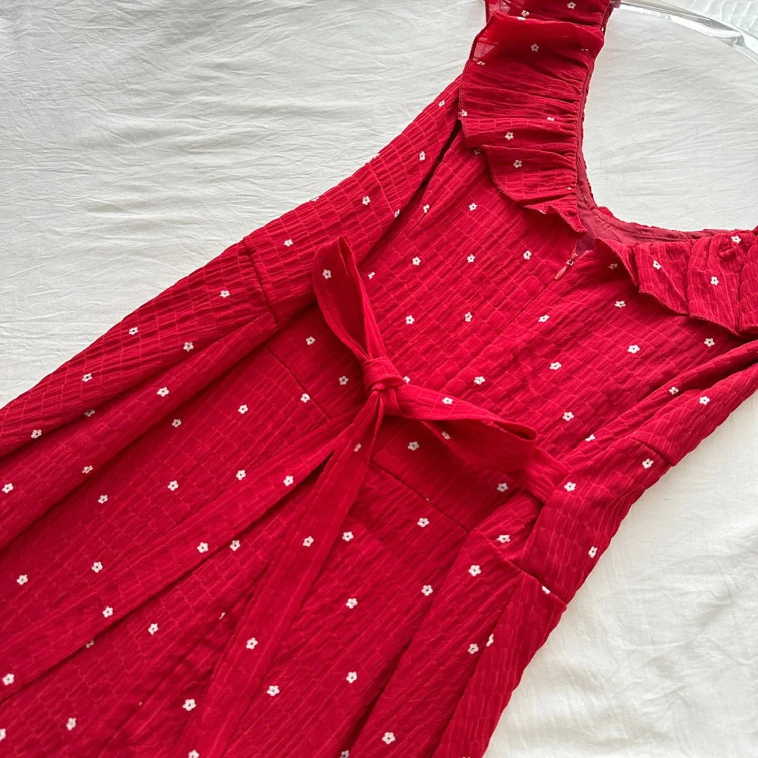 Sweet Red And White Polka Dot A-Line Ruffle Waist Long Classy Prom Dress 17Th Birthday Dress