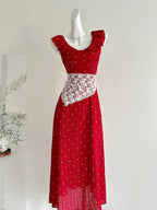 Sweet Red And White Polka Dot A-Line Ruffle Waist Long Classy Prom Dress 17Th Birthday Dress