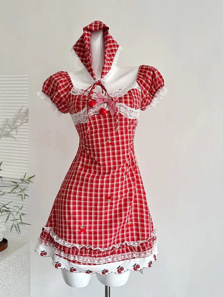 Sweet Retro Red And White Plaid Short-Sleeved Waist A-Line 15Th Birthday Homecoming Dress Main image