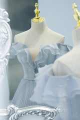 Sweet Sky Blue Sparkling Pleated Short Sleeved Off Shoulder Ball Dress Sky Blue A-Line Princess Backless Tie With Ruffle Edge And Floor Length Evening Dress