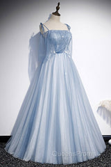 Sweet Sky Blue Thin Shoulder Strap Sleeveless Applique Lace Bead Dress Dress With Sky Blue A-Line Glittering Thin Gauze Open Back Strap Long Ruffle Edge Evening Dress