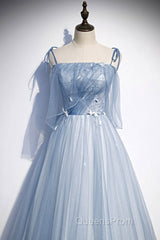 Sweet Sky Blue Thin Shoulder Strap Sleeveless Applique Lace Bead Dress Dress With Sky Blue A-Line Glittering Thin Gauze Open Back Strap Long Ruffle Edge Evening Dress