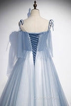 Sweet Sky Blue Thin Shoulder Strap Sleeveless Applique Lace Bead Dress Dress With Sky Blue A-Line Glittering Thin Gauze Open Back Strap Long Ruffle Edge Evening Dress
