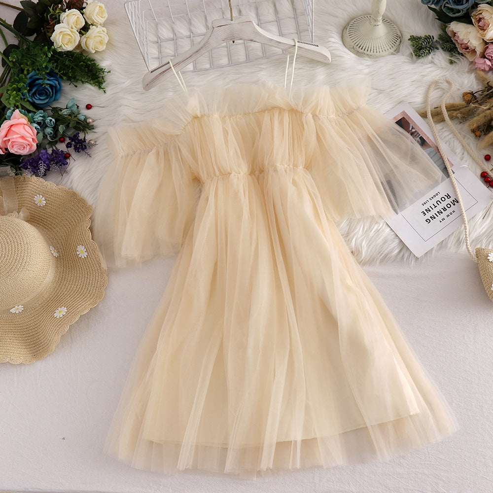 Sweet Spaghetti Strap Fairy Mid-Length Mesh Dress