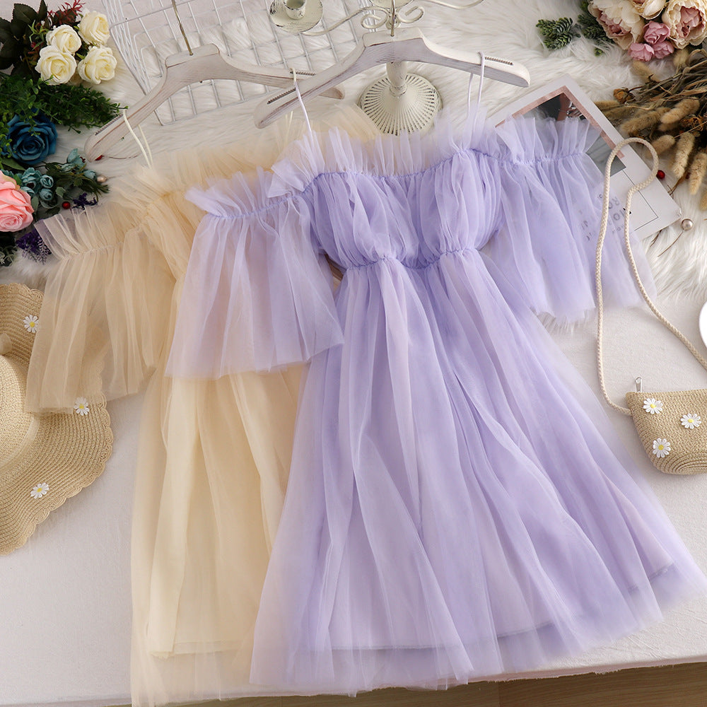 Sweet Spaghetti Strap Fairy Mid-Length Mesh Dress