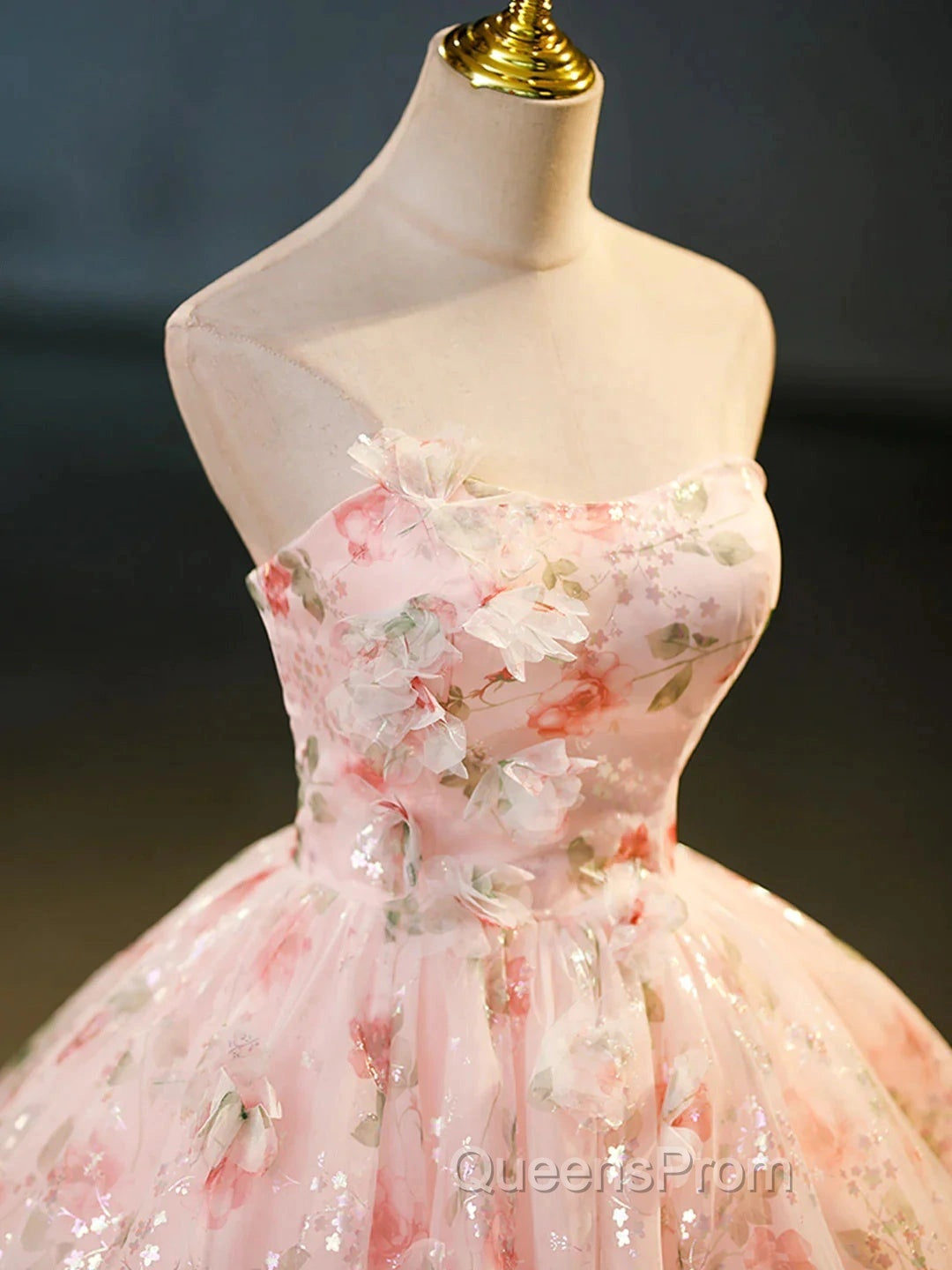 Sweet Strapless Tulle Flower Pink Print Evening Prom Dress Secondary image