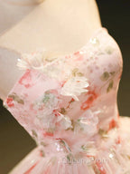 Sweet Strapless Tulle Flower Pink Print Evening Prom Dress