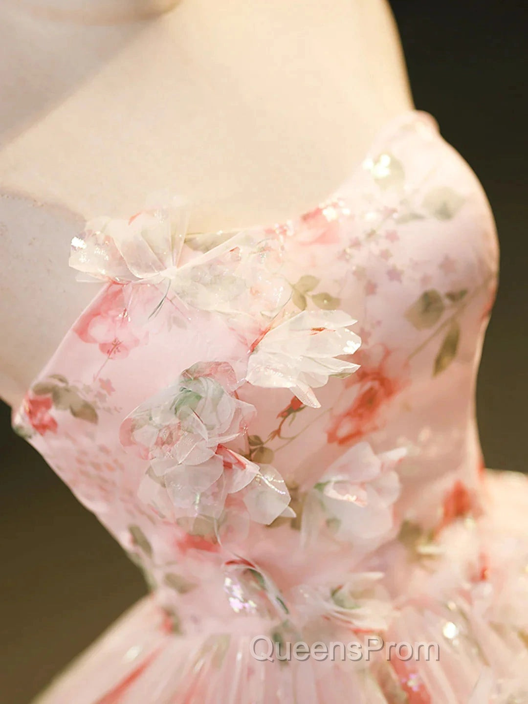 Sweet Strapless Tulle Flower Pink Print Evening Prom Dress