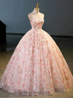 Sweet Strapless Tulle Flower Pink Print Evening Prom Dress
