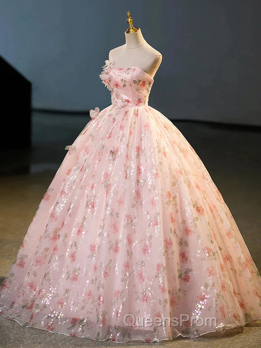 Sweet Strapless Tulle Flower Pink Print Evening Prom Dress