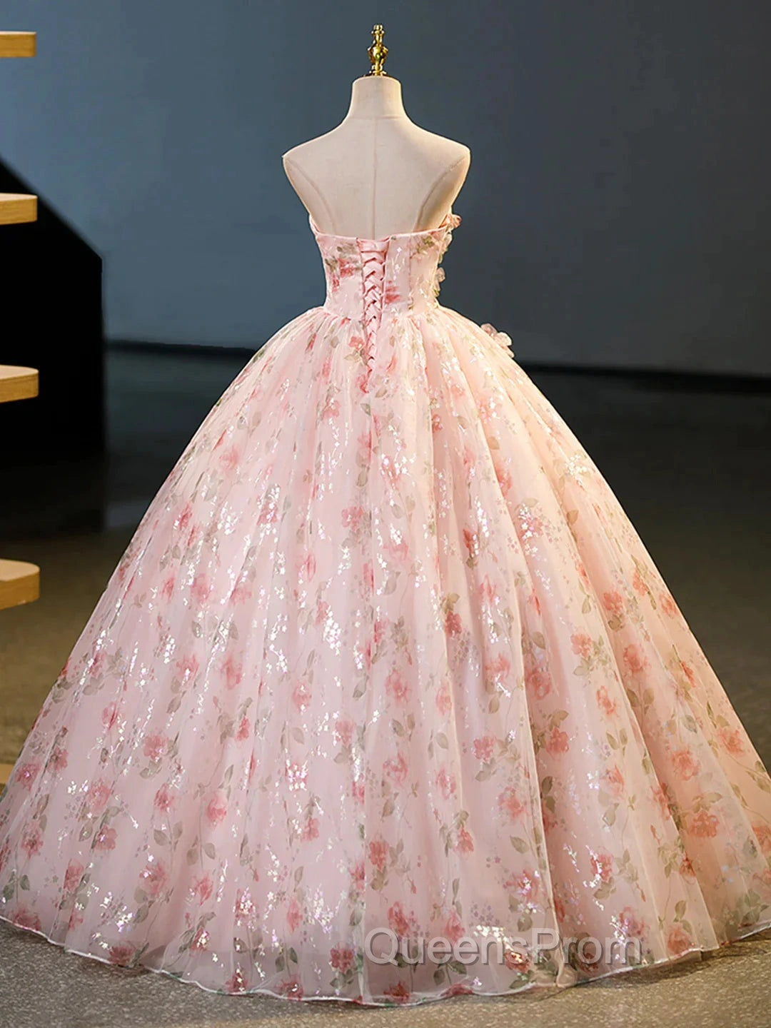 Sweet Strapless Tulle Flower Pink Print Evening Prom Dress