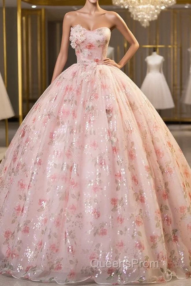 Sweet Strapless Tulle Flower Pink Print Evening Prom Dress Main image