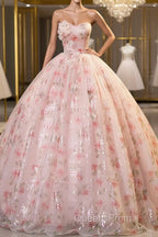 Sweet Strapless Tulle Flower Pink Print Evening Prom Dress