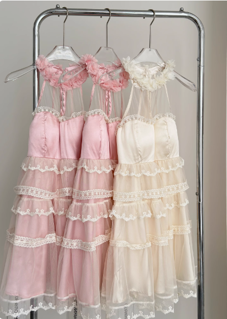 Sweet Three-Dimensional Flower Halter Neck Strap Sleeveless Lace Splicing Mesh Cake Birthday Skirt Homecoming Dress