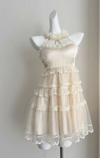 Sweet Three-Dimensional Flower Halter Neck Strap Sleeveless Lace Splicing Mesh Cake Birthday Skirt Homecoming Dress