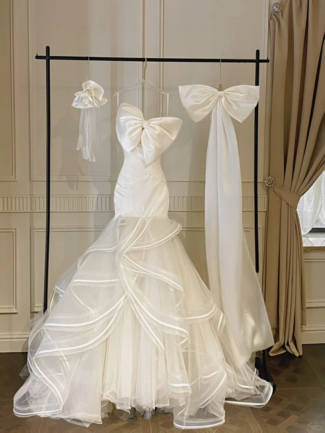 Sweet White Mermaid Bow Satin Tulle Wedding Dress With Train Main image