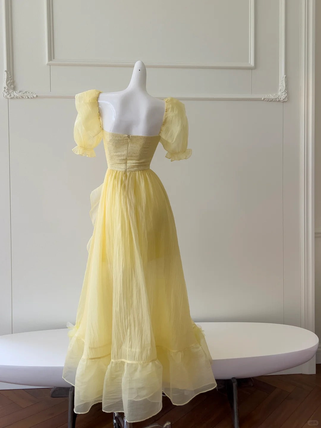 Sweet Yellow A-Line Square Neck Puff Sleeve Lace Tulle Long Classy Prom Dress
