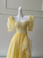 Sweet Yellow A-Line Square Neck Puff Sleeve Lace Tulle Long Classy Prom Dress