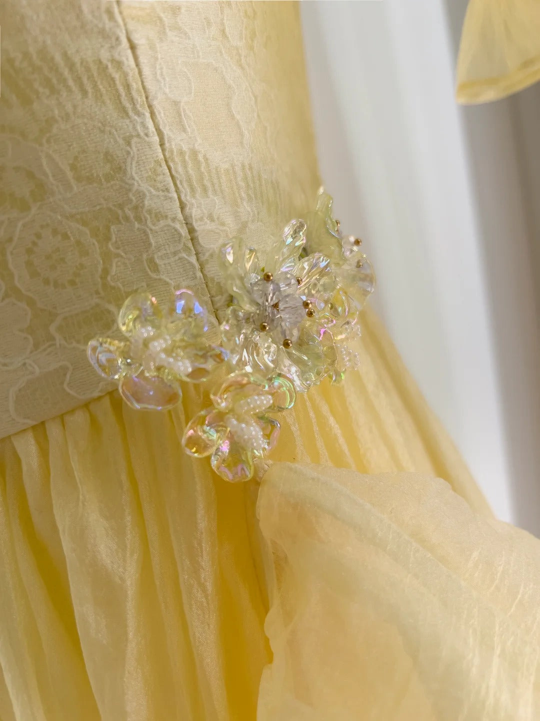 Sweet Yellow A-Line Square Neck Puff Sleeve Lace Tulle Long Classy Prom Dress
