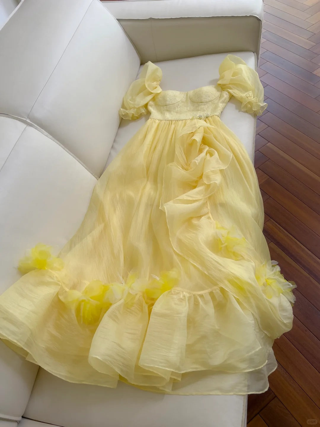 Sweet Yellow A-Line Square Neck Puff Sleeve Lace Tulle Long Classy Prom Dress