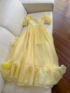Sweet Yellow A-Line Square Neck Puff Sleeve Lace Tulle Long Classy Prom Dress